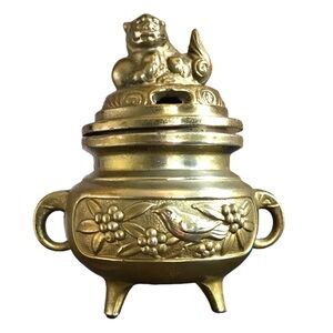 Vintage Chinese Brass Ornate Engraved Foo Dog Incense Burner Holder Altar Decor